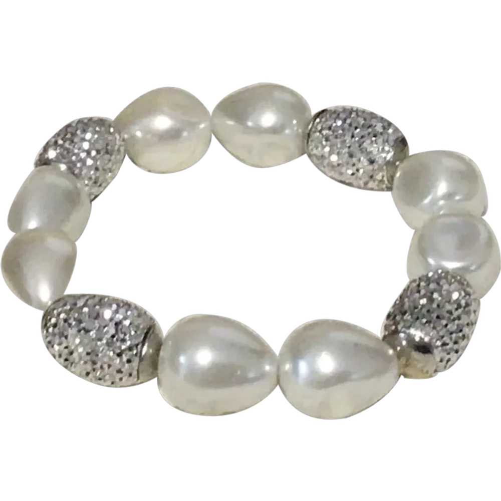 Silver Tone Faux Pearl & Clear Rhinestone Stretch… - image 1