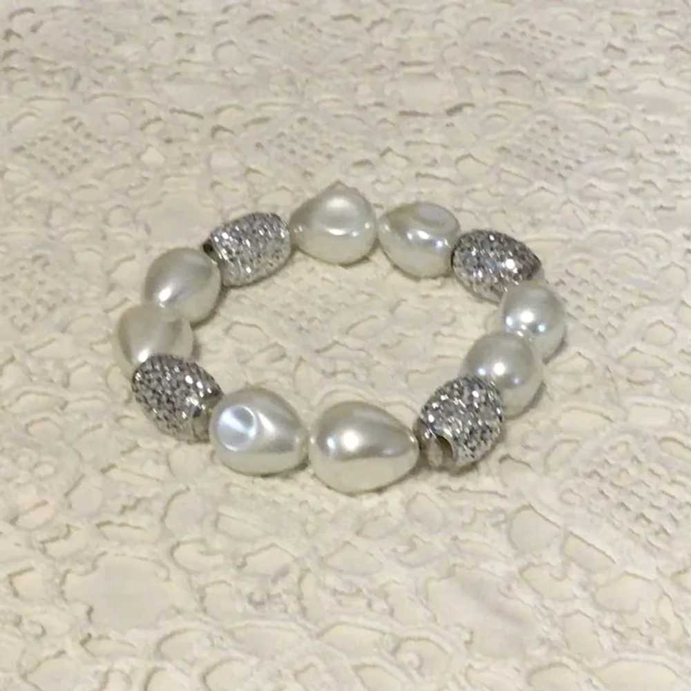 Silver Tone Faux Pearl & Clear Rhinestone Stretch… - image 2