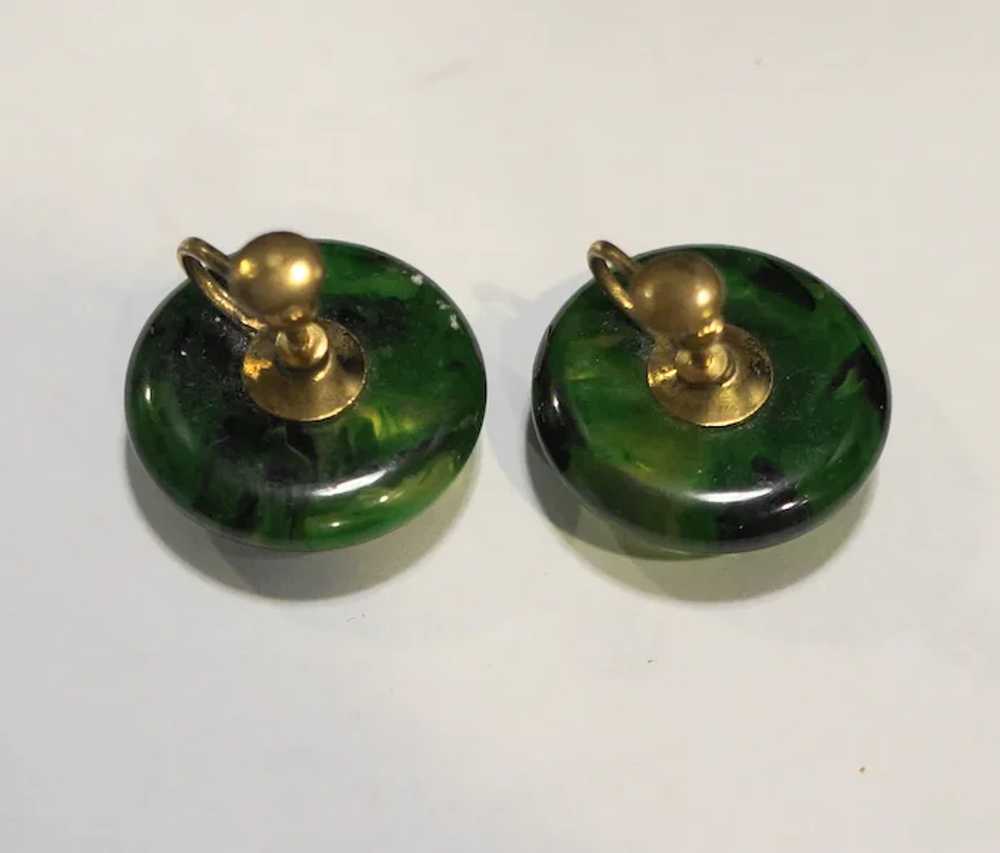 Green Marbled Plastic Domed Circle Earrings Screw… - image 2