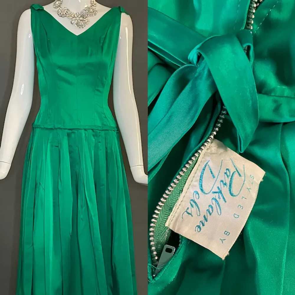 Emerald Green Vintage Satin Party Dress XS - image 2