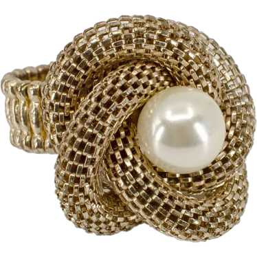 Gold Mesh Statement Ring, Faux Pearl Center - image 1