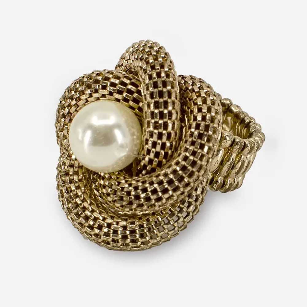 Gold Mesh Statement Ring, Faux Pearl Center - image 3