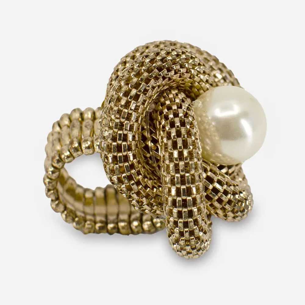 Gold Mesh Statement Ring, Faux Pearl Center - image 4