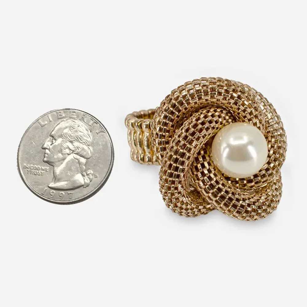 Gold Mesh Statement Ring, Faux Pearl Center - image 5