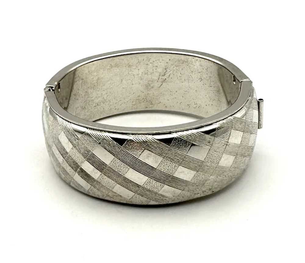 Wide Hinged Silvertone Etched Bracelet - image 2