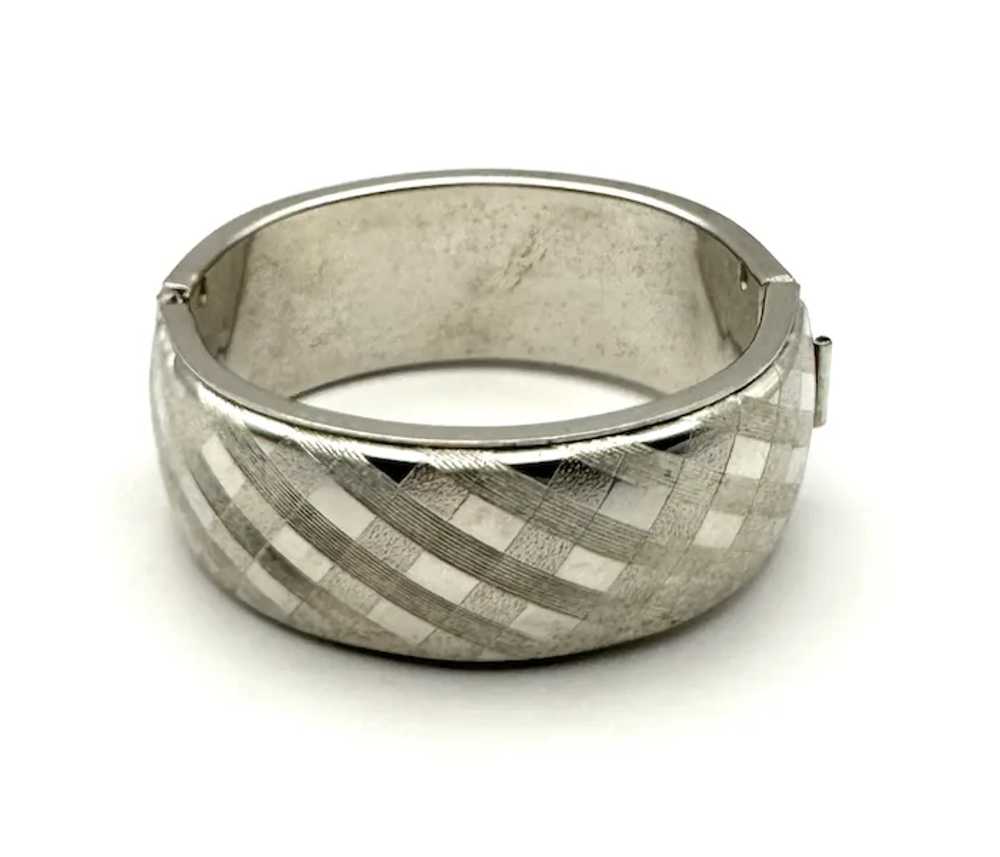 Wide Hinged Silvertone Etched Bracelet - image 3