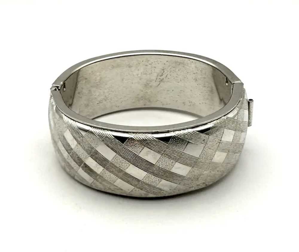 Wide Hinged Silvertone Etched Bracelet - image 4