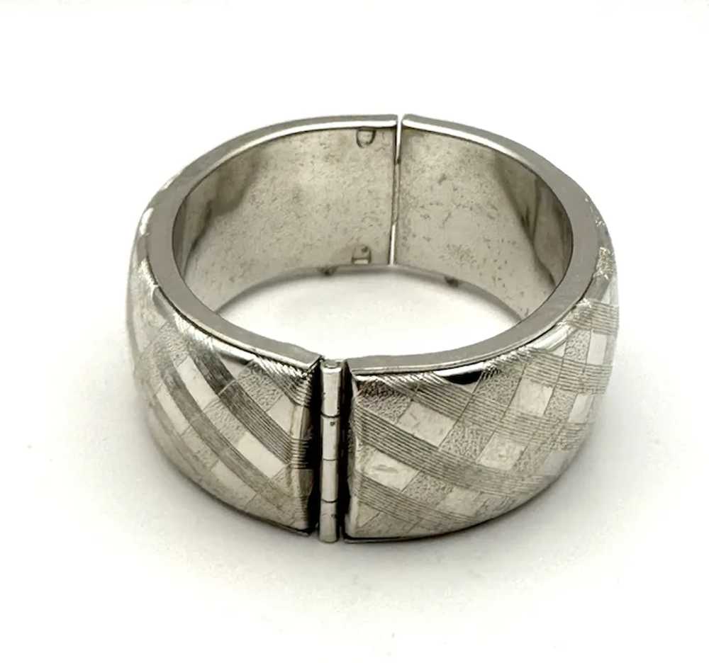 Wide Hinged Silvertone Etched Bracelet - image 5