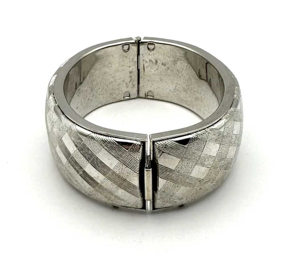 Wide Hinged Silvertone Etched Bracelet - image 7