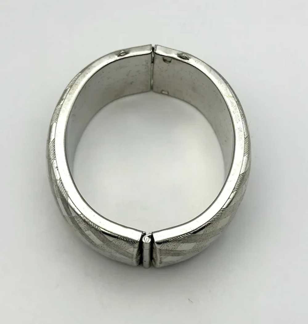 Wide Hinged Silvertone Etched Bracelet - image 9