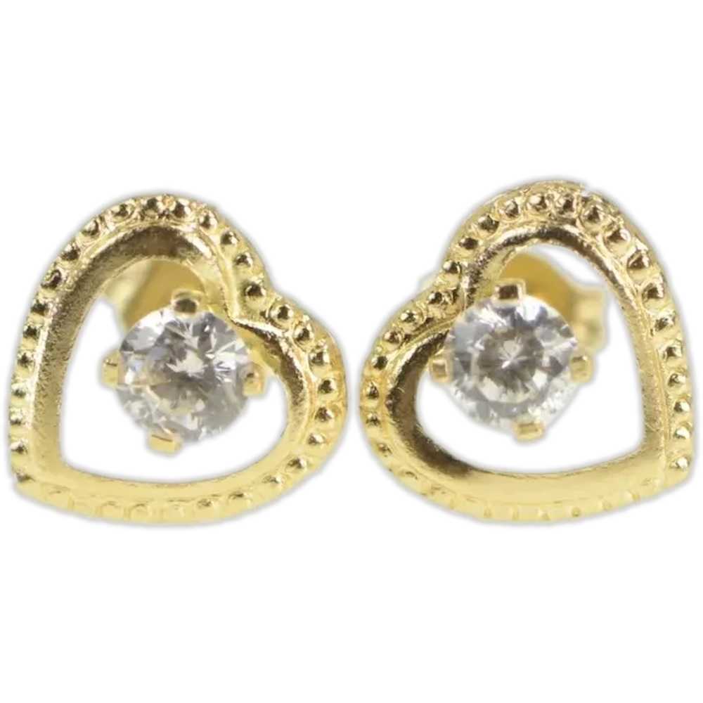 14K Vintage Heart CZ Love Symbol Stud Earrings Ye… - image 1