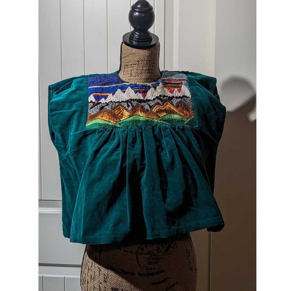 Vintage Homemade Green Velvet Embroidered Mtn. Sc… - image 3