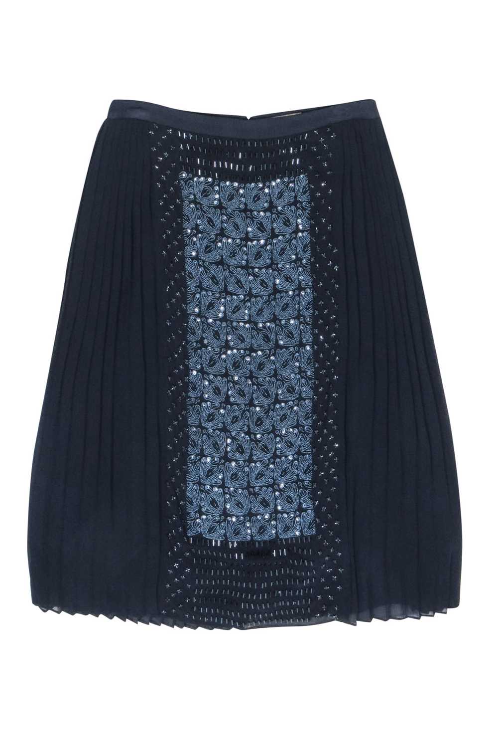 Tory Burch - Navy Silk Pleated Beaded Front Skirt… - image 1