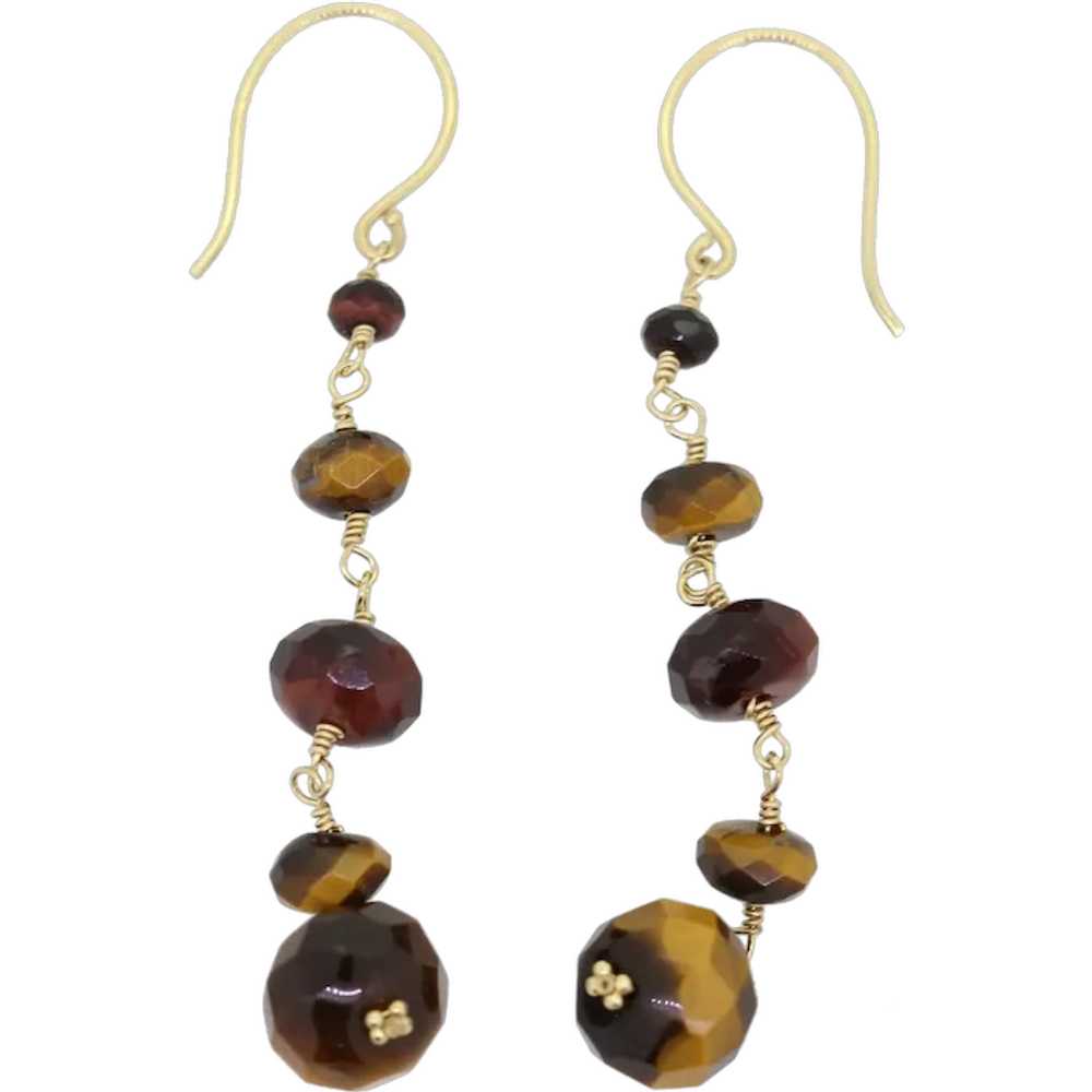 14k Yellow Gold Tigers Eye Beaded Dangle Earrings - image 1