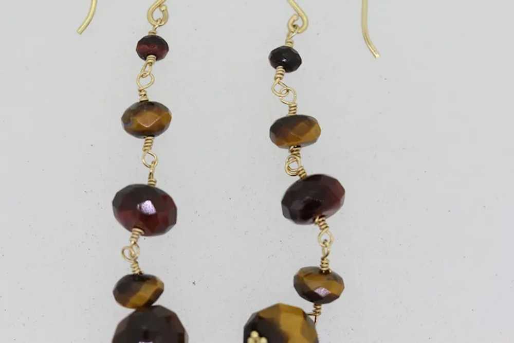 14k Yellow Gold Tigers Eye Beaded Dangle Earrings - image 2