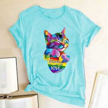 Colorful Cat Love Is Love Print T-shirts - image 1