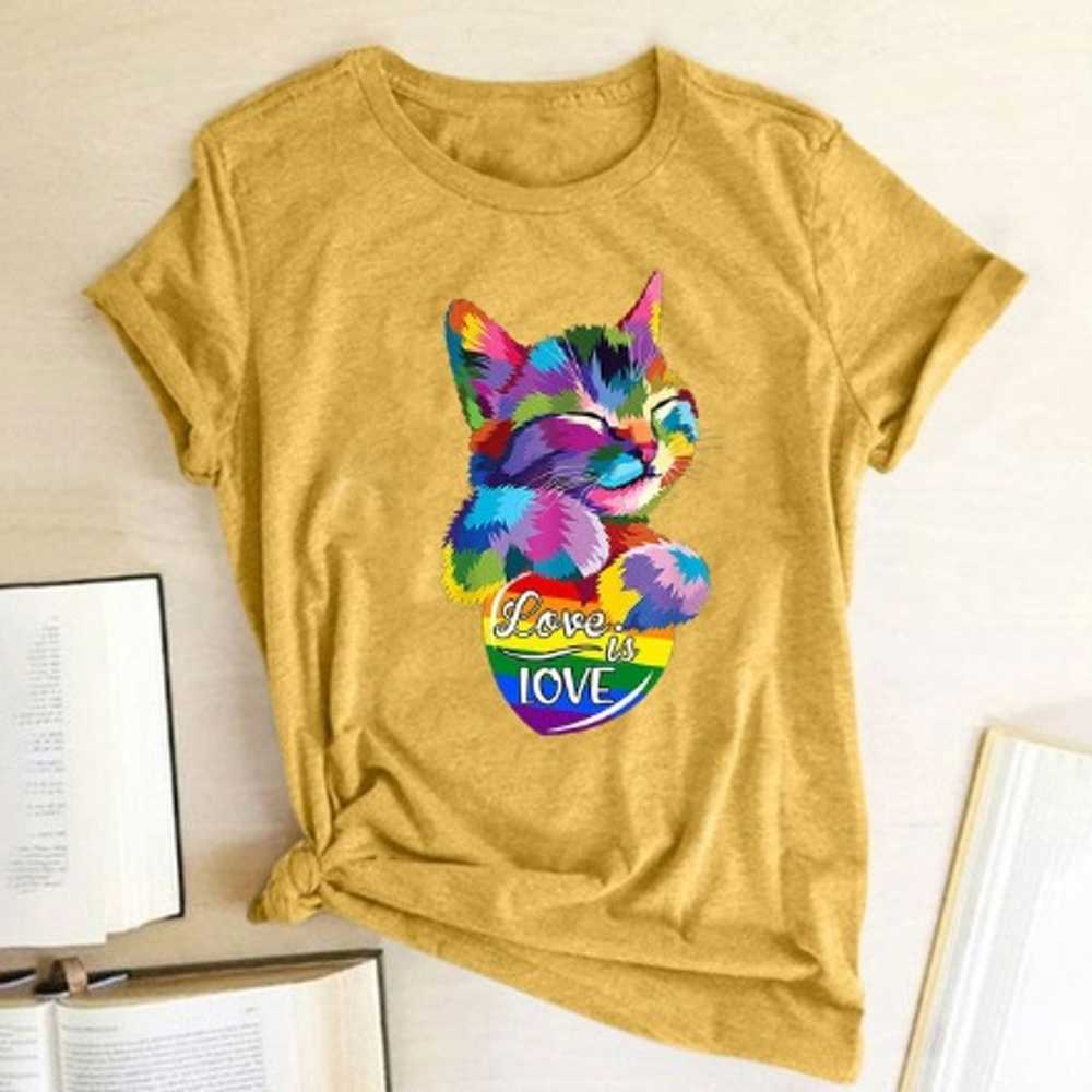 Colorful Cat Love Is Love Print T-shirts - image 2