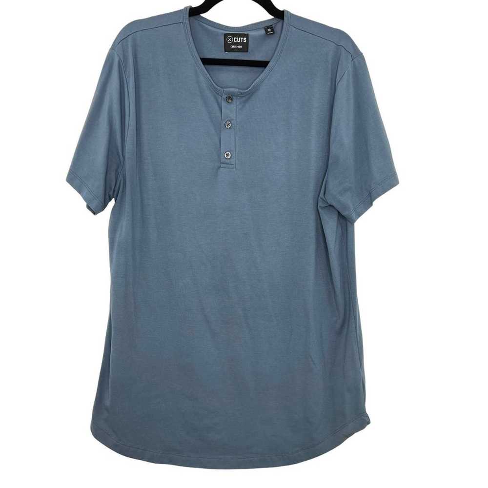 Cuts Curve Hem Button Henley T Shirt Short Sleeve… - image 1