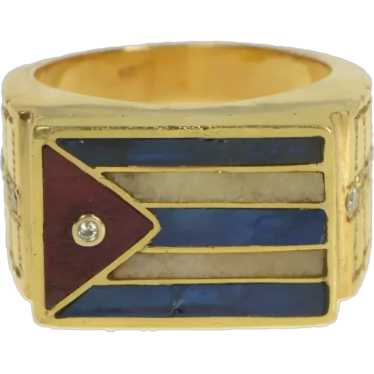 18K Diamond Cuban Flag Enamel Men's Ring Size 13.5