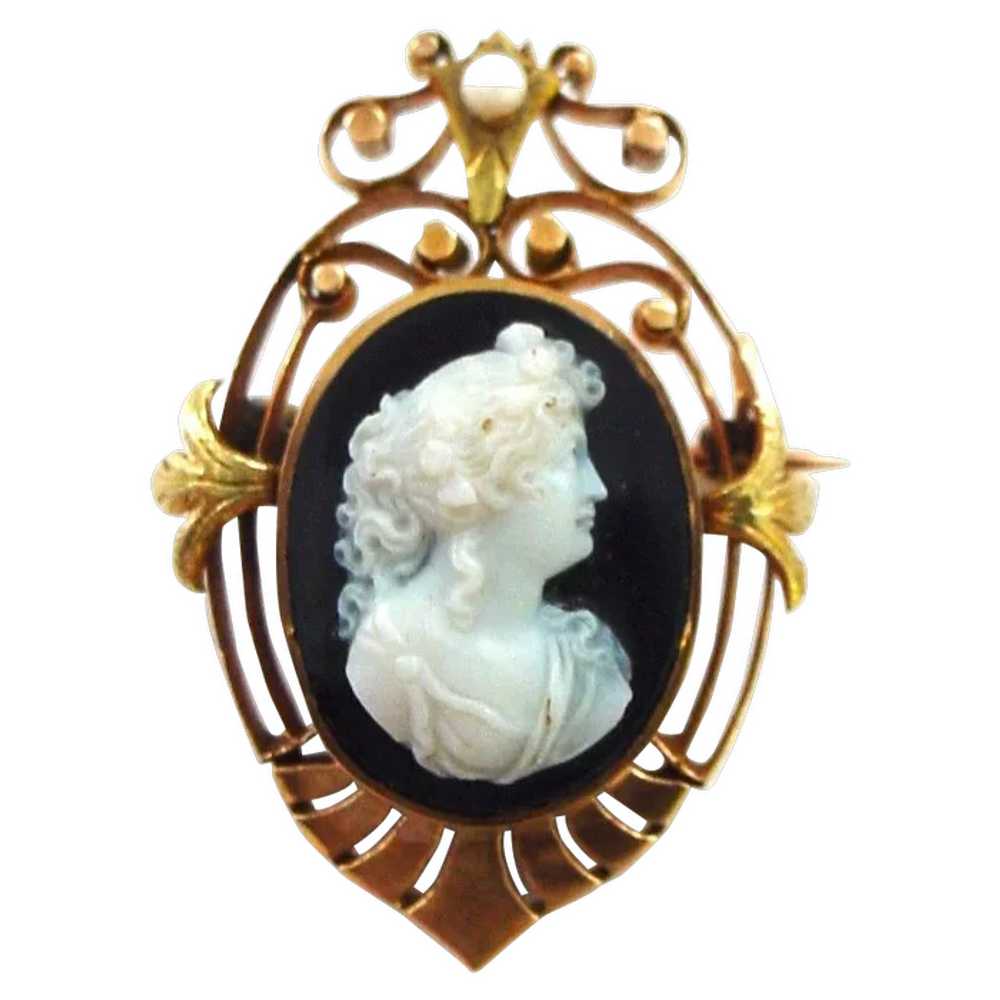 Antique 18K Yellow and Rose Gold Banded Agate Cam… - image 1