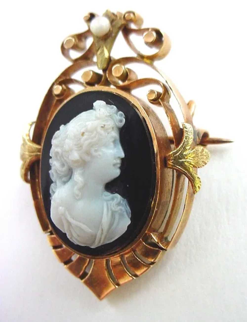 Antique 18K Yellow and Rose Gold Banded Agate Cam… - image 3