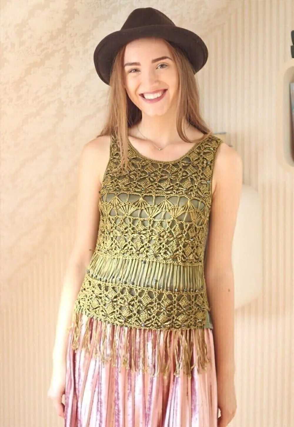 Khaki green crochet vest top - image 1