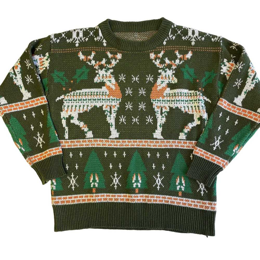 Unkwn 60’s Green KNIT Cotton REINDEER In FOREST N… - image 1