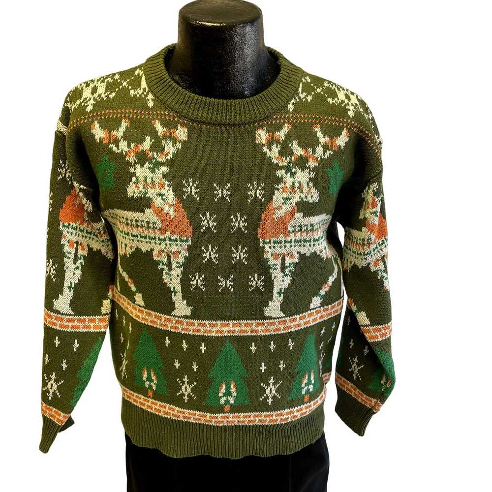 Unkwn 60’s Green KNIT Cotton REINDEER In FOREST N… - image 6