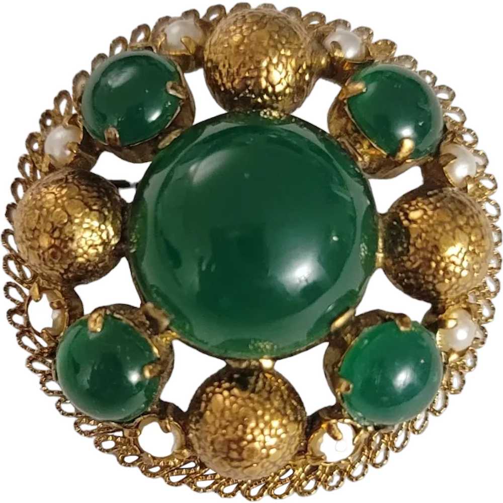 Gold Tone Green Glass Cabochon Round Cluster Faux… - image 1