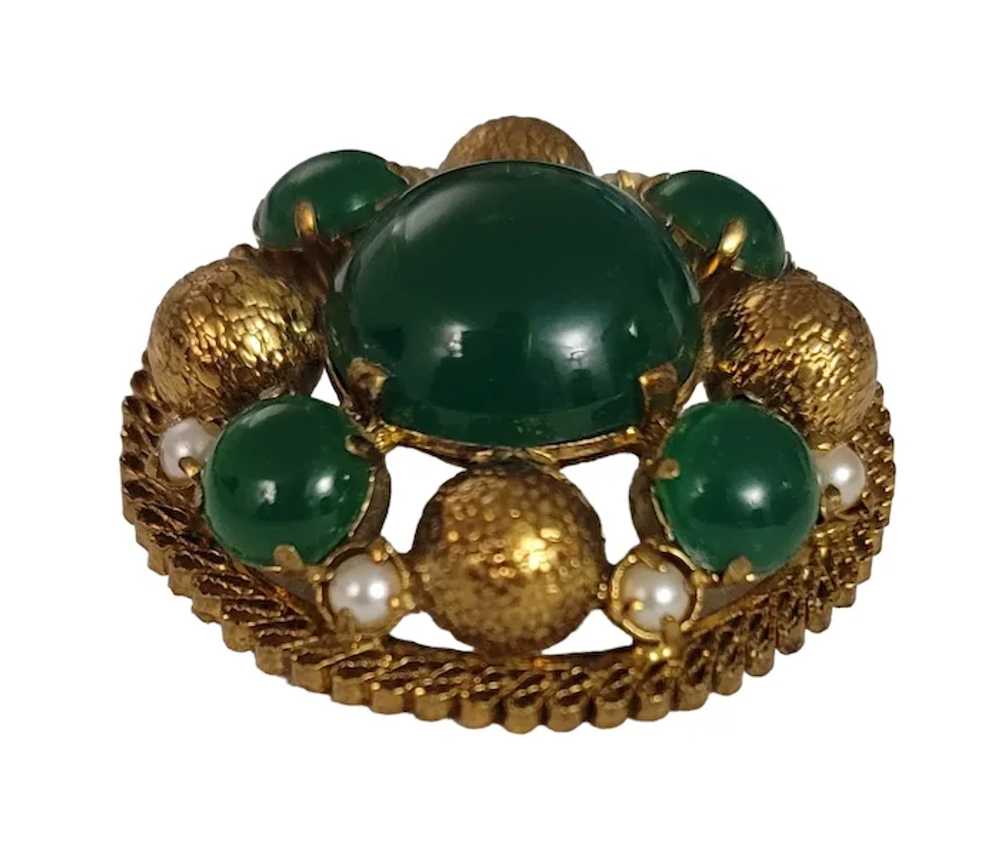Gold Tone Green Glass Cabochon Round Cluster Faux… - image 2