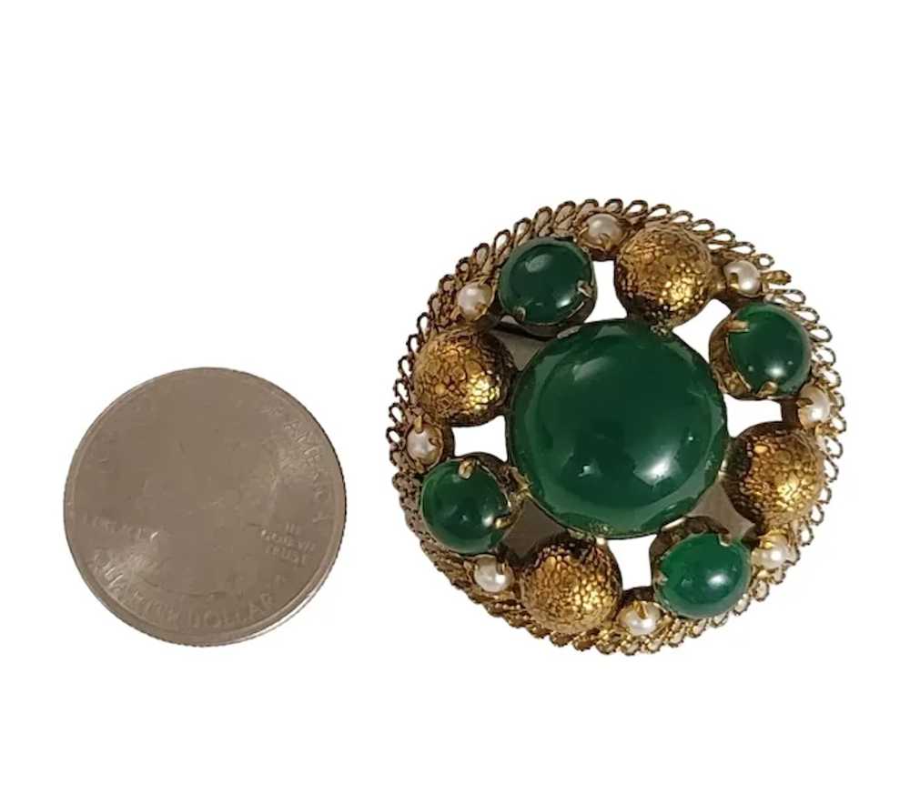 Gold Tone Green Glass Cabochon Round Cluster Faux… - image 7