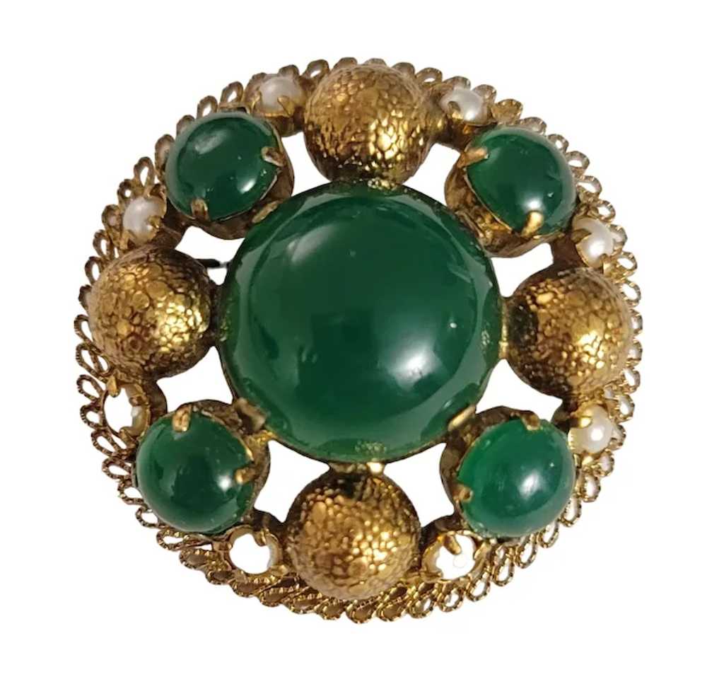 Gold Tone Green Glass Cabochon Round Cluster Faux… - image 9
