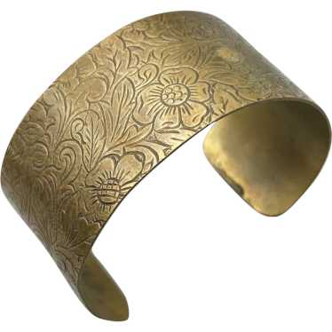 Vintage Brass Cuff Bracelet Etched Floral Design … - image 1