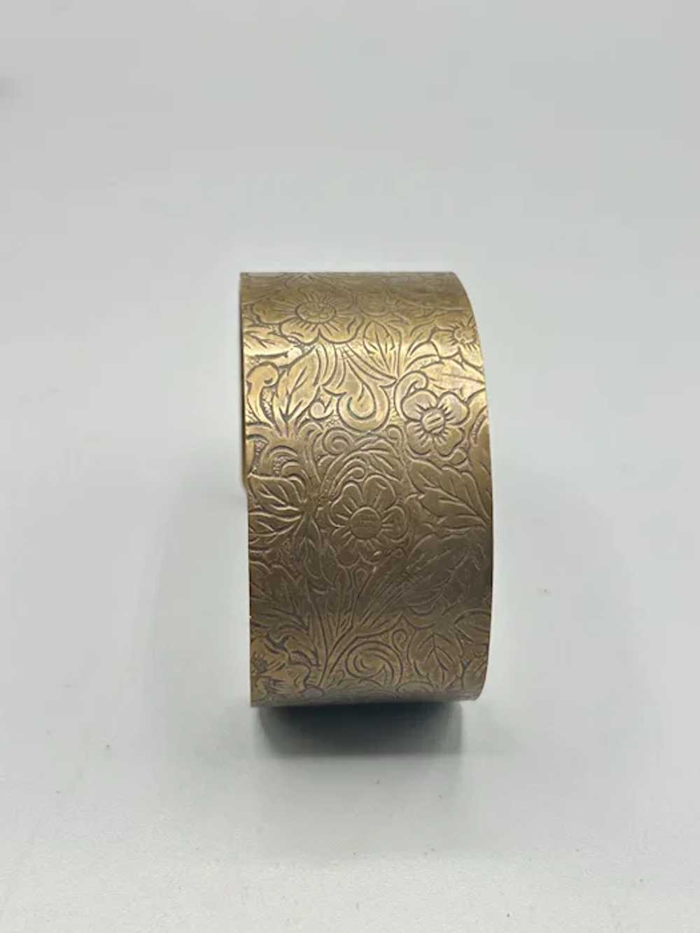 Vintage Brass Cuff Bracelet Etched Floral Design … - image 2