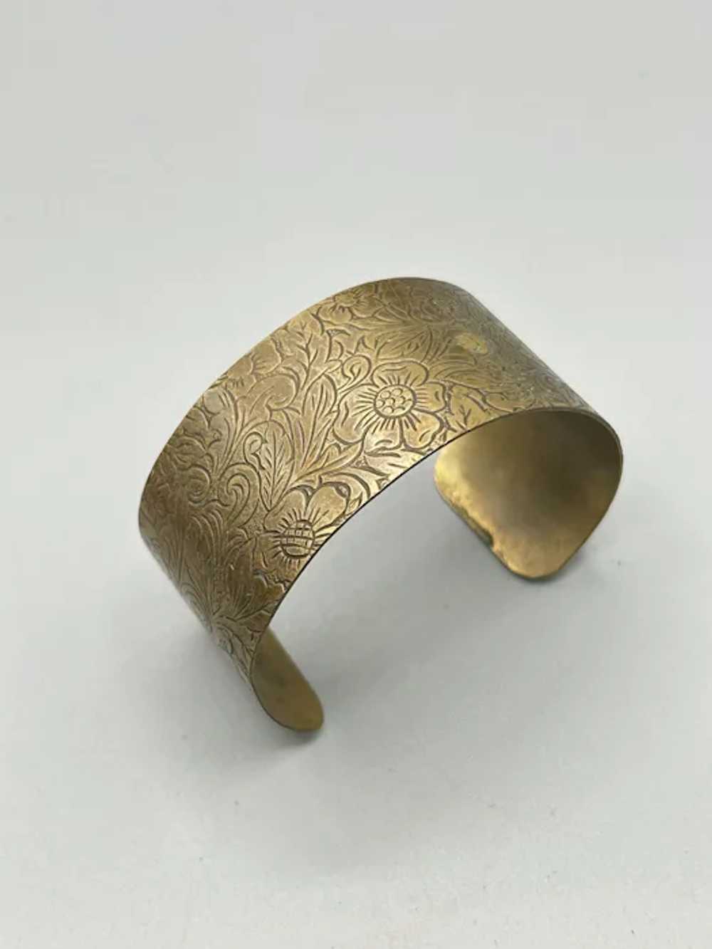 Vintage Brass Cuff Bracelet Etched Floral Design … - image 5