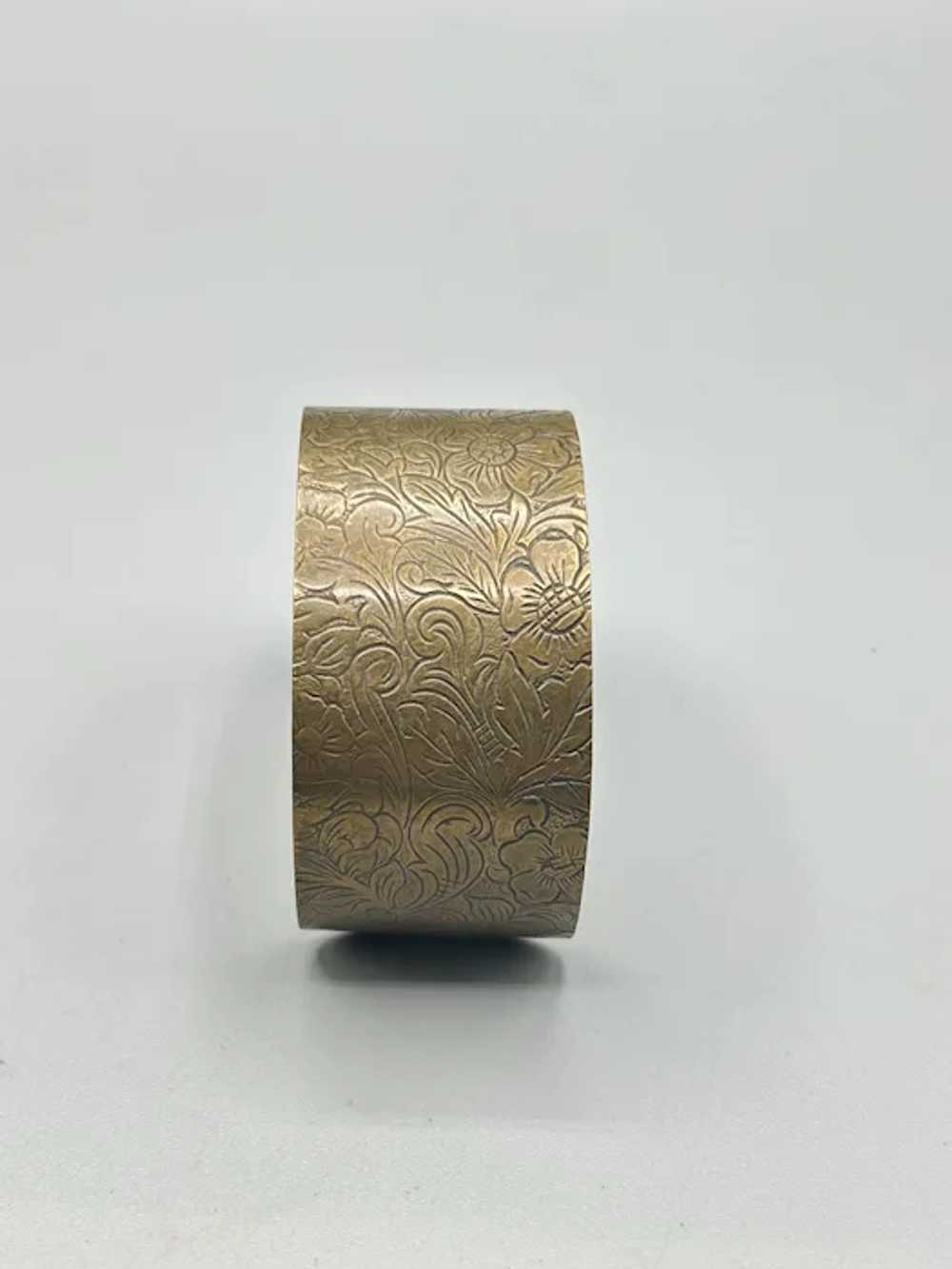 Vintage Brass Cuff Bracelet Etched Floral Design … - image 6