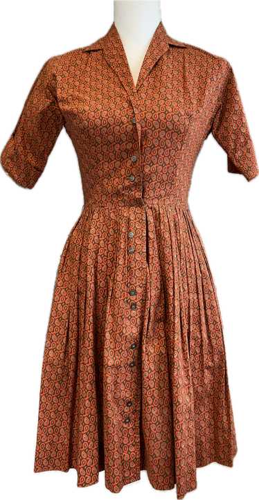 Vintage 1940s Orange and Brown Short Sleeve Dress,