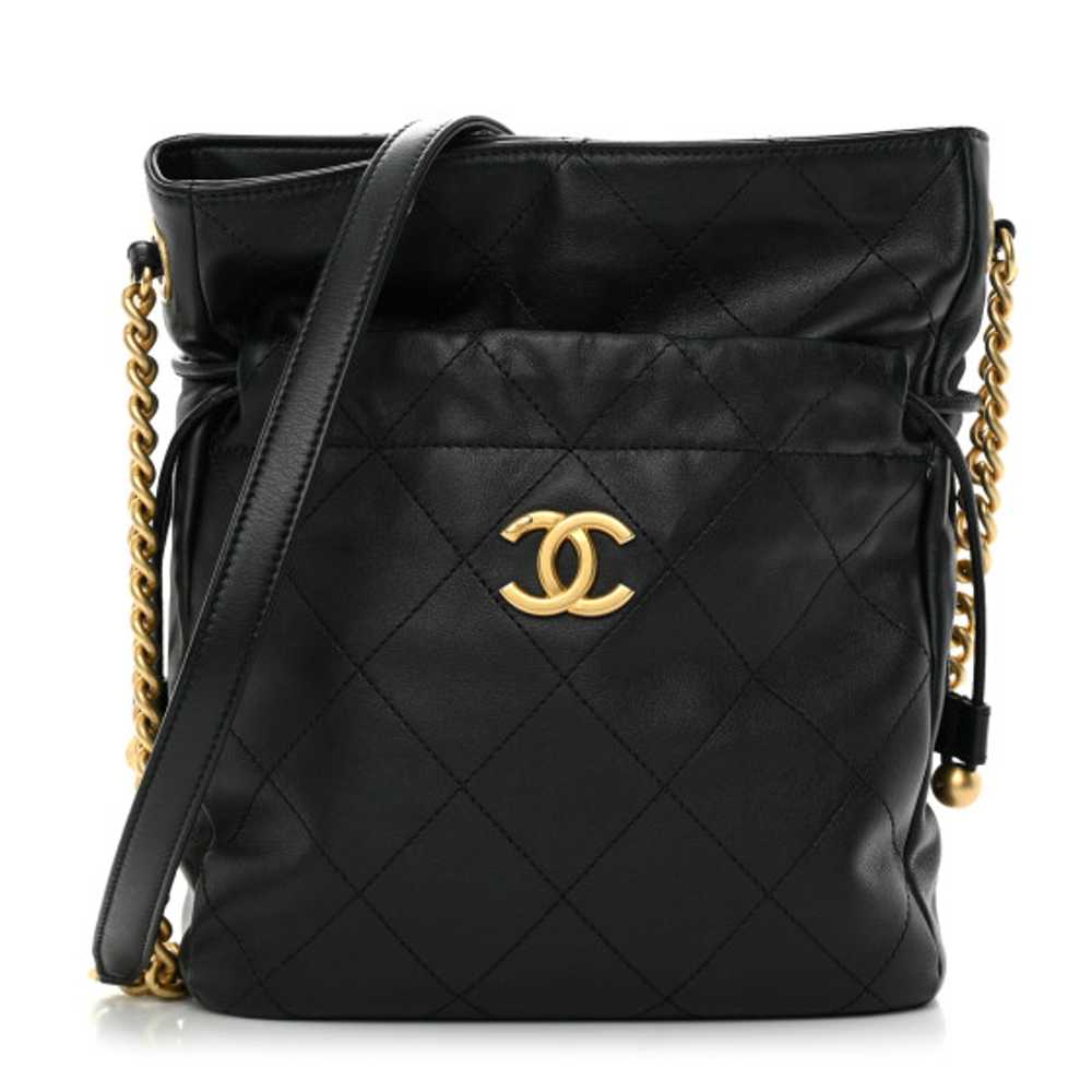 CHANEL Calfskin Quilted Drawstring Bucket Bag Bla… - image 1