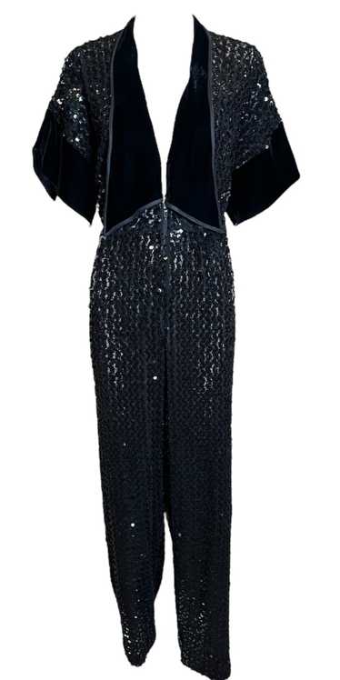 1970s Unlabeled Black Sequined Lace Jumpsuit with 