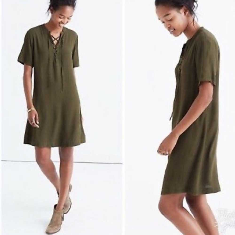 Madewell Novella Lace-Up Dress in Olive Green | XS - image 1