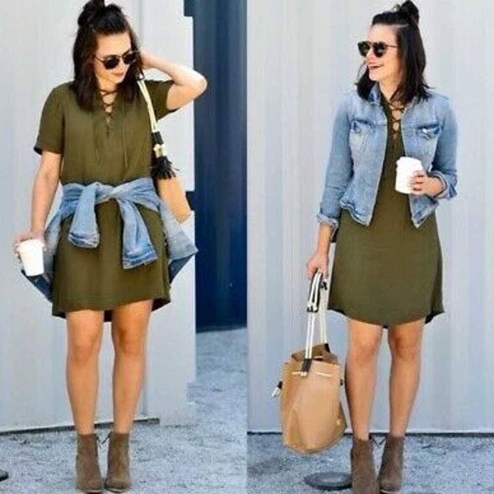 Madewell Novella Lace-Up Dress in Olive Green | XS - image 2