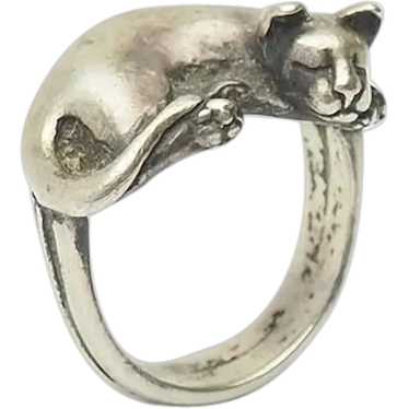 Vintage sterling silver sleeping cat ring size 5.7