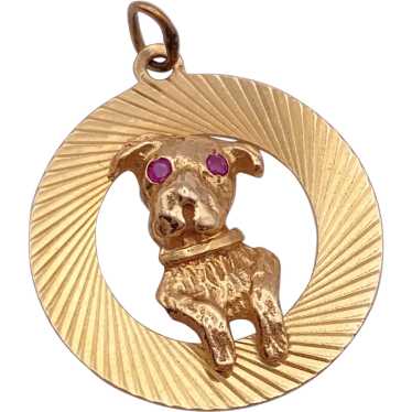 Jeweled Puppy Dog Vintage Charm 14K Gold and Ruby