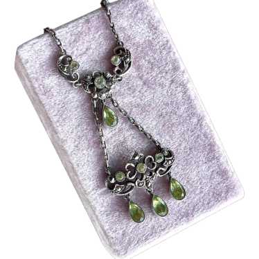Vintage Silver Marcasite Green Paste Drop Necklace - image 1