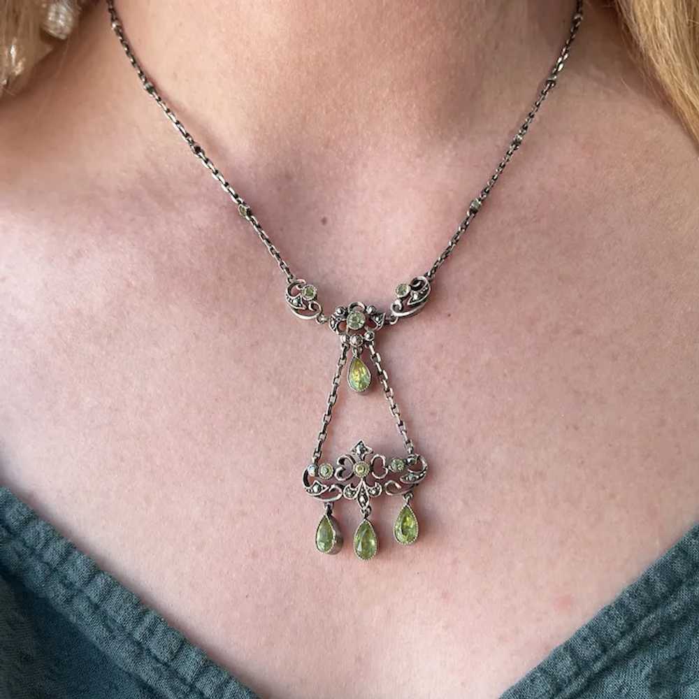 Vintage Silver Marcasite Green Paste Drop Necklace - image 2