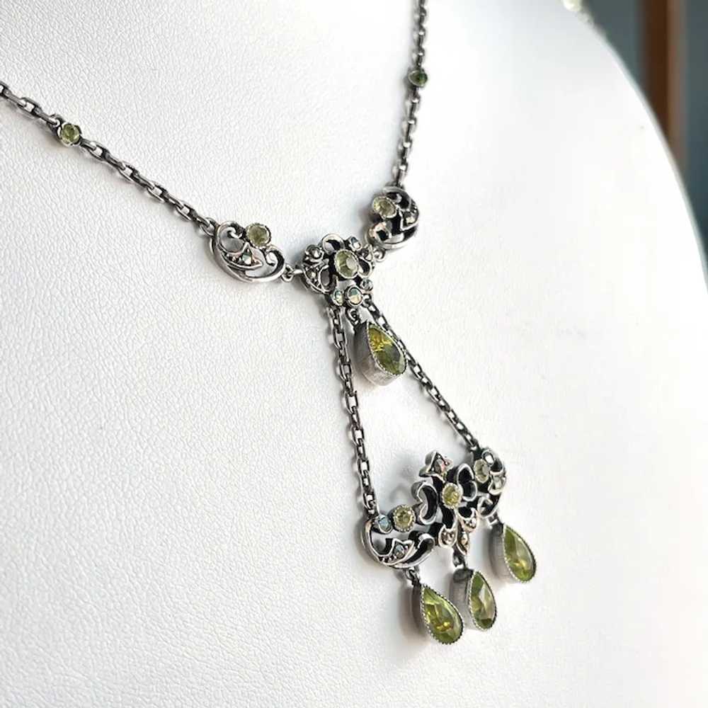 Vintage Silver Marcasite Green Paste Drop Necklace - image 4