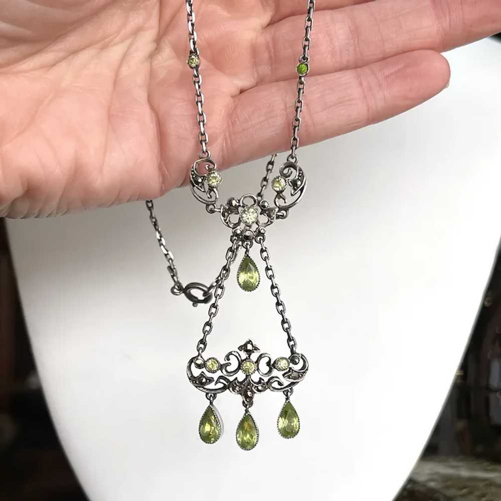 Vintage Silver Marcasite Green Paste Drop Necklace - image 6