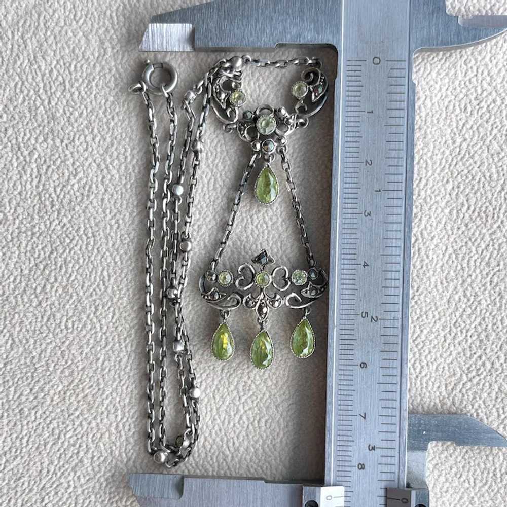 Vintage Silver Marcasite Green Paste Drop Necklace - image 8