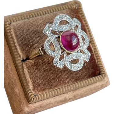 Antique Cabochon Ruby Diamond Ring 18k Gold Platin