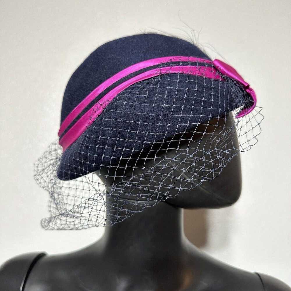 Vintage Sylvia Doeskin Netting Veil Navy Blue Pin… - image 6